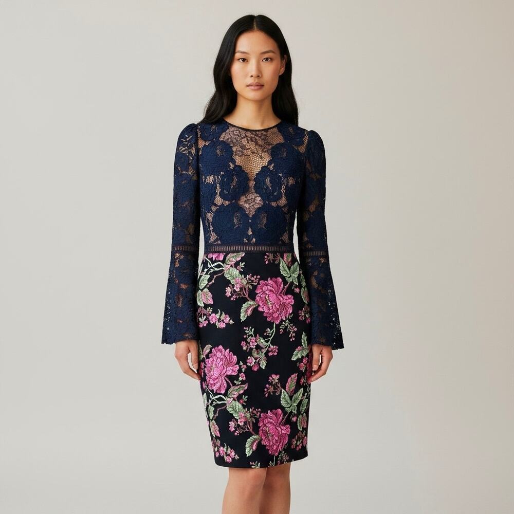 Tadashi Shoji Lace Floral Sheath Dress Bell Sleeve Illusion Navy Pink Size 8